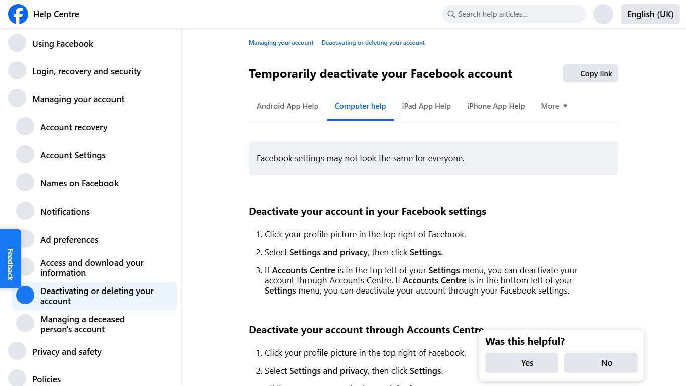 Temporarily deactivate your Facebook account Facebook Help Centre
