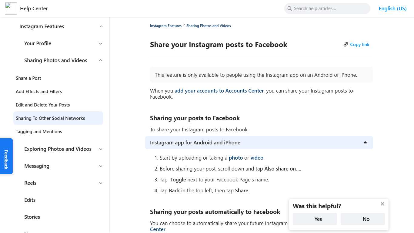 Share your Instagram posts to Facebook Instagram Help Center