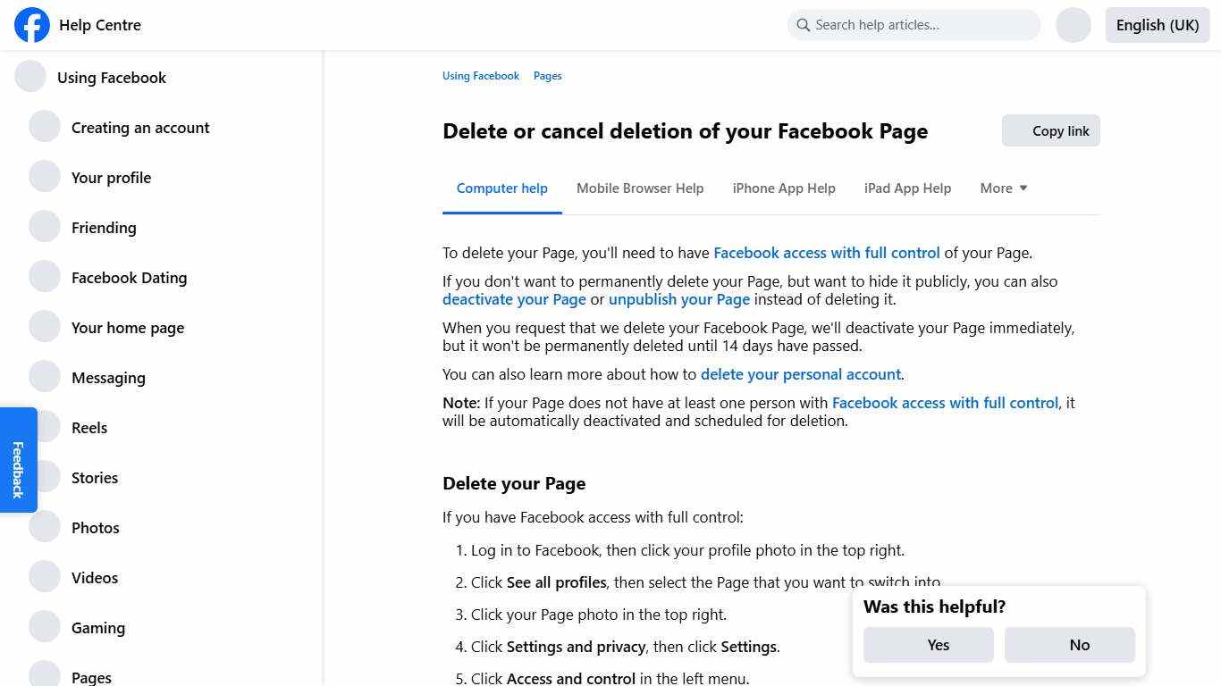 Delete or cancel deletion of your Facebook Page Facebook Help Centre
