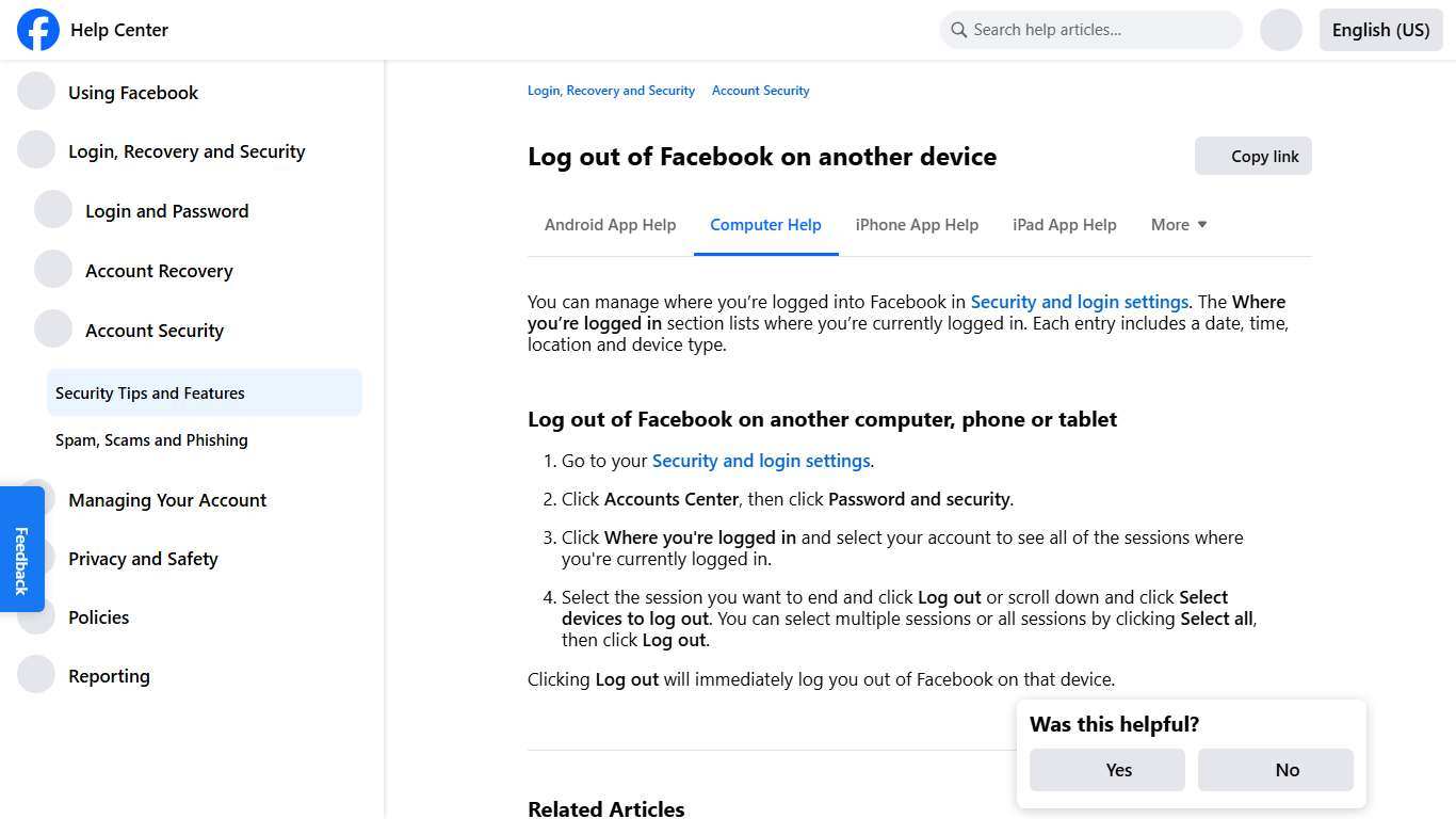 Log out of Facebook on another device Facebook Help Center